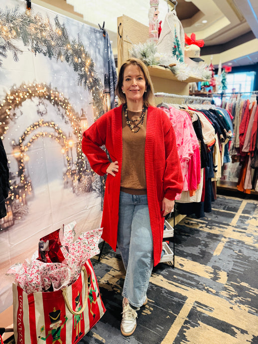 Holly Berry Oversized Open Front Cardigan In Red