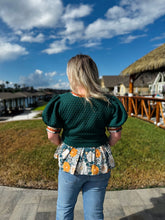 Load image into Gallery viewer, Harvest Bloom Textured Short Puff Sleeve with Floral Contrast Accent Ruffle Hem and Band Hunter Green