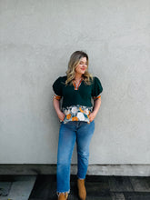 Load image into Gallery viewer, Harvest Bloom Textured Short Puff Sleeve with Floral Contrast Accent Ruffle Hem and Band Hunter Green