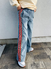 Load image into Gallery viewer, Wild &amp; Free Wide Leg Denim with Red Stripe Side Leopard Accent Pants