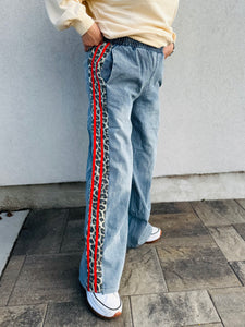 Wild & Free Wide Leg Denim with Red Stripe Side Leopard Accent Pants