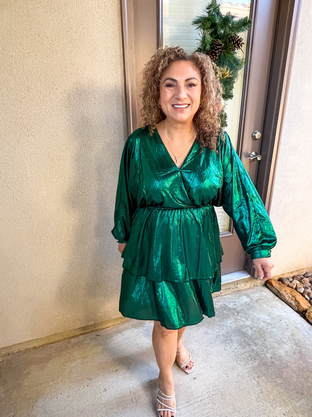 Sleigh Bells Ring Metallic Green Surplice V neck Tiered Dress with Ela The Frosted Boutique Sleigh Bells Ring Metallic Green Surplice V neck Tiered Dress with Ela The Frosted Boutique