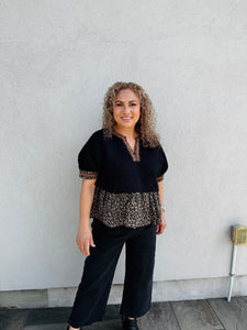 Can't Be Tamed Textured Short Puff Sleeve Top Featuring Animal Pattern contrast Ruffle Hem