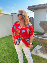 Load image into Gallery viewer, Fun in The Sun Floral Print Dolman Sleeve in Red with Knot Detail