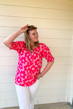 Load image into Gallery viewer, Flower Power V-Neck Top with Smocked sleeves in Hot Pink