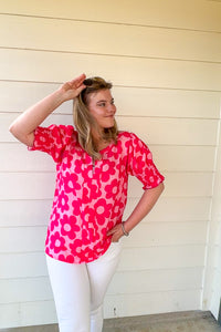Flower Power V-Neck Top with Smocked sleeves in Hot Pink