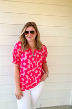 Load image into Gallery viewer, Flower Power V-Neck Top with Smocked sleeves in Hot Pink
