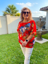 Load image into Gallery viewer, Fun in The Sun Floral Print Dolman Sleeve in Red with Knot Detail