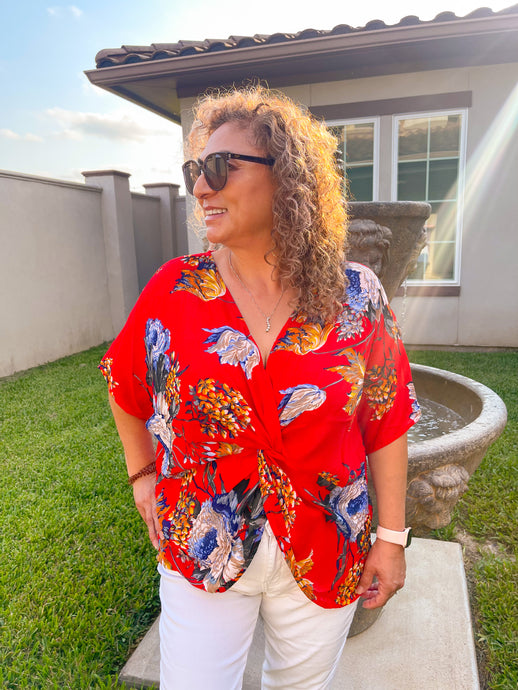 Fun in The Sun Floral Print Dolman Sleeve in Red with Knot Detail