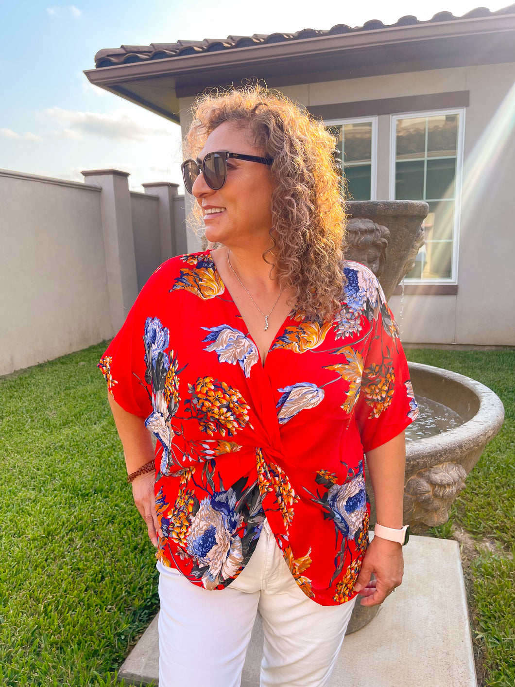 Fun in The Sun Floral Print Dolman Sleeve in Red with Knot Detail