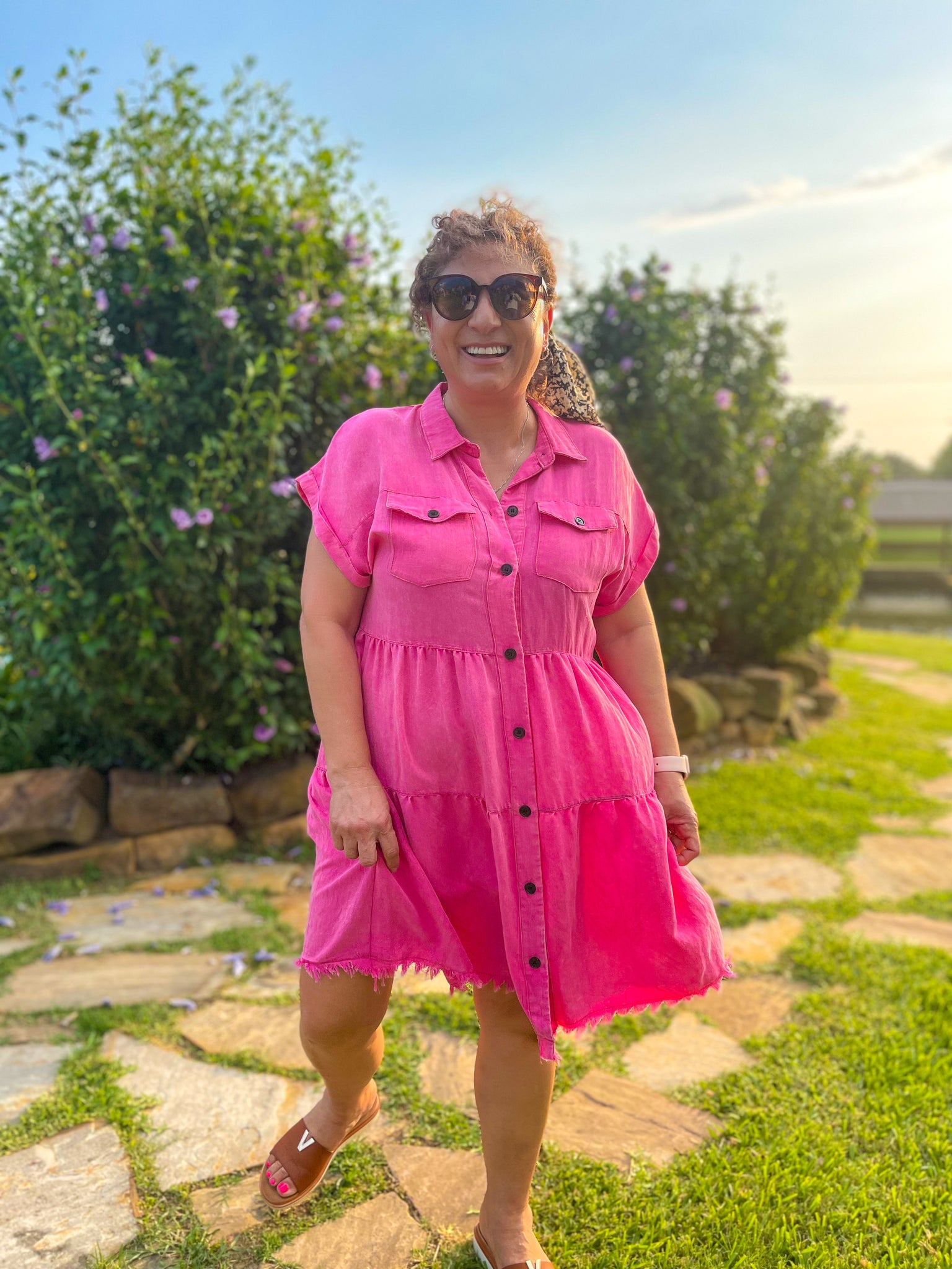 Shop The Day Away Hot Pink Button Down Dress L Shop The Day Away Hot Pink Button Down Dress L