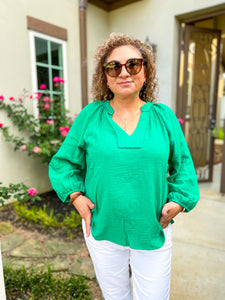 Bring on the Bubbly V-Neck Gauze Top in Kelly Green
