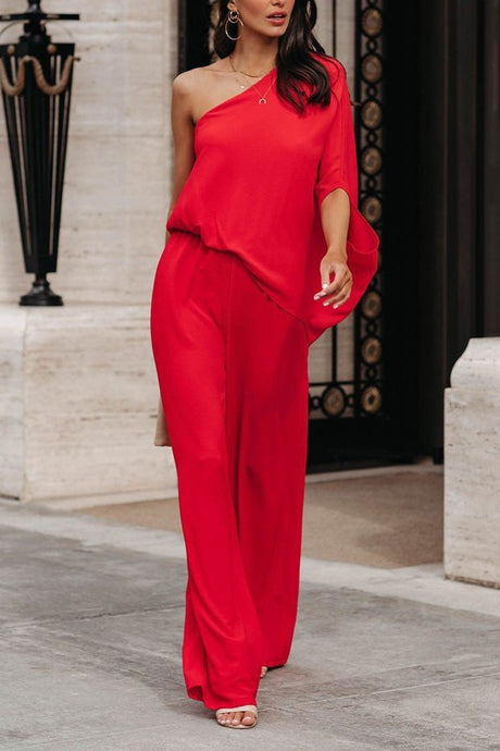 The Show Stopper One Shoulder 3/4 Sleeve Red Jumpsuit