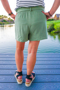 Elena Olive Button Ruffle Waist Linen Shorts