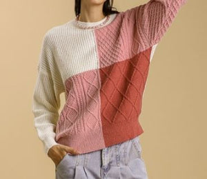 In The Mix Pink Colorblock Boatneck Chenille Cable Knit Sweater