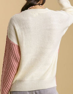 In The Mix Pink Colorblock Boatneck Chenille Cable Knit Sweater