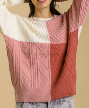 Load image into Gallery viewer, In The Mix Pink Colorblock Boatneck Chenille Cable Knit Sweater