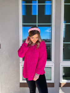 All Is Bright Hot Pink Popcorn V-Neck Sweater