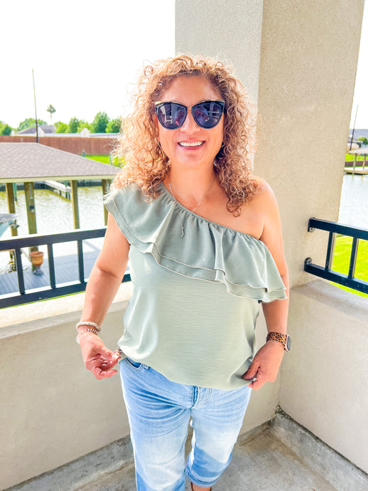A Day Like Today Sage Green One Shoulder Blouse