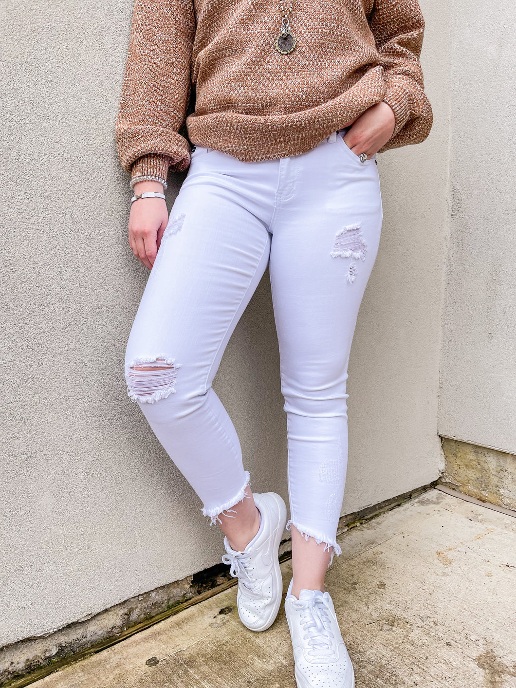 Sam Kancan White Stretchy Mid Rise Distressed Ankle Skinny Jeans