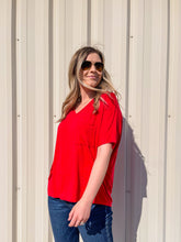 Load image into Gallery viewer, She&#39;s Not Afraid Oversized V-Neck Pocket Tee in Red