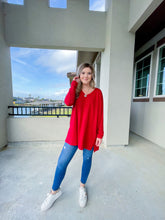 Load image into Gallery viewer, Just In Time Red Dolman Long Sleeve V-Neck with Side Slits Hi-Low  Hem Top