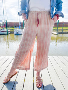 Easy Breezy Coral Striped Linen Culotte Pants with Tassel Tie