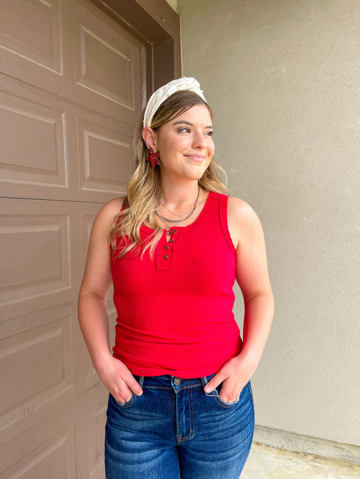 Ruby Red Ribbed Tank Top with Button