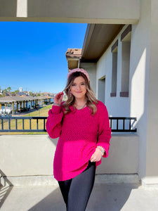 All Is Bright Hot Pink Popcorn V-Neck Sweater