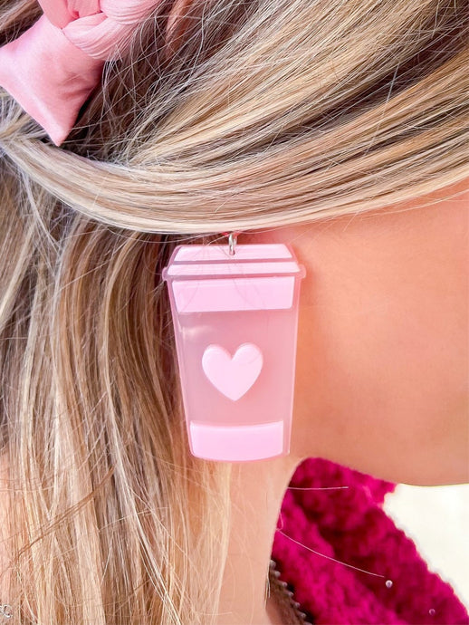 I Love You A Latte Pink Heart Coffee Earrings