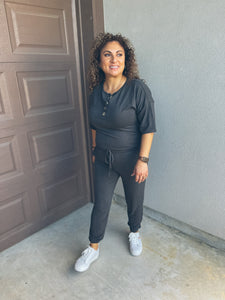 Half Sleeve Button Down Jogger Jumpsuit with pockets in Gray