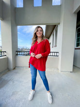 Load image into Gallery viewer, Just In Time Red Dolman Long Sleeve V-Neck with Side Slits Hi-Low  Hem Top